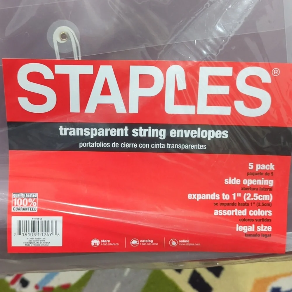 5 pack of Staples brand transparent string envelopes legal size. New unopened.